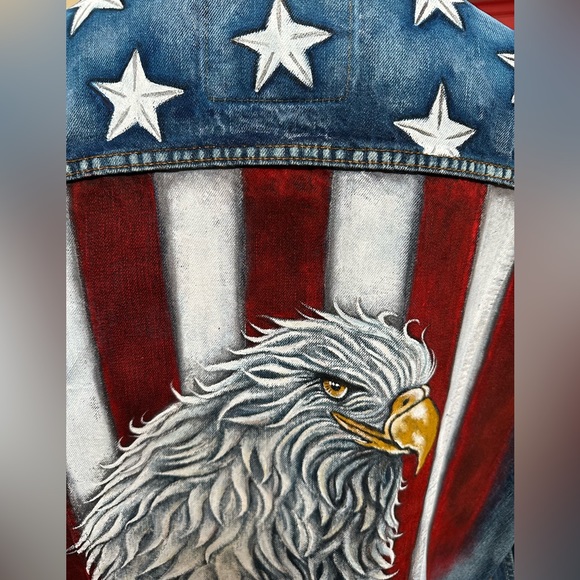 Levi’s Men’s sz XL denim jean jacket handpainted American Eagle Flag July 4th - Picture 3 of 9